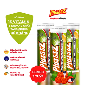 {COMBO 3 TUÝP} Viên sủi Plusssz Performance vị cam không đường cung cấp 13 vitamin và khoáng chất vượt trội, bổ sung cafein từ Guarana hỗ trợ tăng cường sức đề kháng