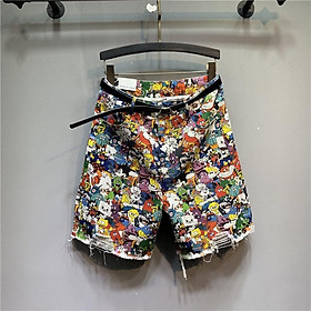 Quần Short Jeans Lưng Cao Ống Rộng Họa Tiết Hoạt Hình Phong Cách Hàn Quốc Cho Nữ