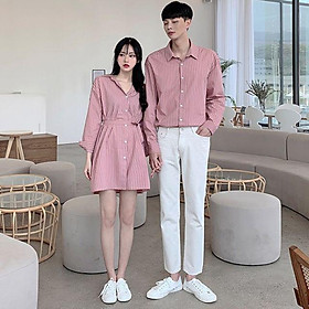 SET ÁO ĐÔI SƠ MI KẺ SỌC XANH VÀ HỒNG, ĐỒ CẶP NAM NỮ ĐI BIỂN CHỤP HÌNH CƯỚI PHONG CÁCH HÀN QUỐC