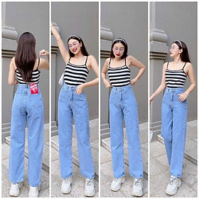 Quần jean nữ quần baggy jean ống suông cạp cao màu trơn dễ phối đồ