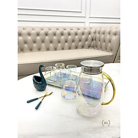 Mua SET BÌNH CỐC 7 MÀU LƯU LY THUỶ TINH CHỊU NHIỆT DÁNG BẦU | BỘ BÌNH CỐC THUỶ TINH CHỊU NHIỆT KÈM KHAY PHONG CÁCH RETRO