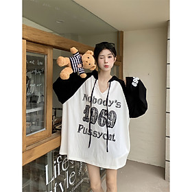 Áo Hoodie Nữ Vải Chun Giấy Nobody 1969 Áo Thun Nữ Cổ V In Chữ Tay Phối Màu