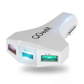 Củ sạc ô tô QGeeM USB C chuẩn Qualcoom QC 3.0 ba cổng sạc các thiết bị Type C - Hàng chính hãng