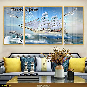 Tranh Canvas Thuyền Buồm Lướt Sóng Phong Thủy Tài Lộc - Bộ 3 Bức Decor Phòng Khách Đẹp