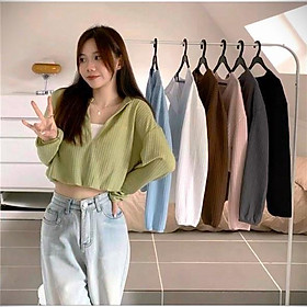 SET 2 ÁO LIỀN NHAU TAY DÀI len dệt kim Montoghi cổ V dáng croptop nhúm eo xinh xắn