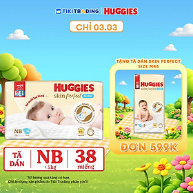 Tã/bỉm dán sơ sinh Huggies Skin Perfect NB 38 miếng với 2 vùng thấm giảm kích ứng da