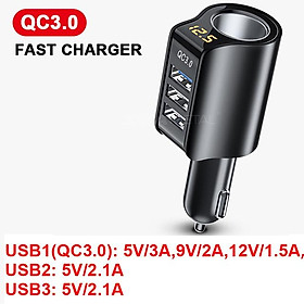 Seametal 96W Bộ sạc xe hơi 3-USB QC3.0 Bộ điều hợp bật lửa 4 trong 1 Bộ sạc USB sạc nhanh cho xe tải SUV SUV DC12V-24V