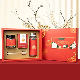 Set quà tặng, hộp quà tặng saffron mật ong đông trùng hạ thảo và táo đỏ / kỷ tử Kingdom Herb chính hãng (tặng kèm 1 que lấy mật + 1 bình thuỷ tinh + 1 thiệp chúc + 1 túi giấy)