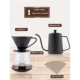 Mua COMBO BỘ SẢN PHẨM PHA CÀ PHÊ DRIP V60 GỒM 4 MÓN ( BÌNH RÓT INOX - PHỄU SỨ - BÌNH ĐỰNG THUỶ TINH - GIẤY LỌC 40 TỜ