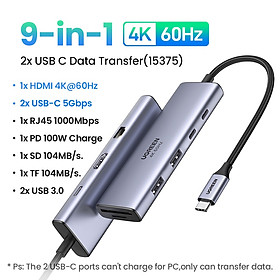 Hub USB-C 9 in 1 Ugreen 15375 CM498 HDMI 4K 60Hz, RJ45 1Gbps, USB 3.0, SD TF with PD 100W hàng chính hãng