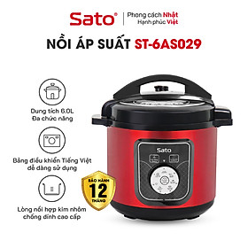 Nồi áp suất đa năng SatoAlpha 6AS029 6.0L - Nồi áp suất đa chức năng : nấu cơm, nấu cháo, hầm gân, ninh, súp, hấp, giữ ấm ... Dung tích : 6.0 lít phù hợp gia đình 4 - 6 người - Miễn phí vận chuyển toàn quốc - Hàng chính hãng