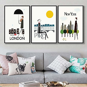 Bộ 3 tranh canvas treo tường Decor Thành phố cách điệu LONDON, PARIS, NEWYORK - DC094