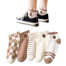 Set 5 Cặp Vớ Cotton Thoáng Khí Khử Mùi Dành Cho Nữ Họa Tiết Ngẫu Nhiên Phong Cách Trẻ Trung