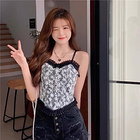 Áo Hai Dây Dáng Croptop Phối Ren Hoạ Tiết Hoa Nhí Đính Cúc Ngọc Áo Corset Hai Dây Có Chun Lưng Thoải Mái