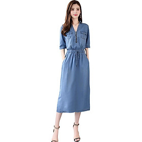 Đầm denim dáng dài phối dây kéo