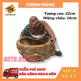 Chậu tượng Lỗ Chí Thâm ôm chậu gốm Bát Tràng trồng cây bonsai tiểu cảnh đẹp