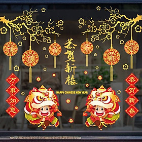 Mua Decal Tết HÍT TĨNH ĐIỆN - Cành Mai vàng phối Cặp Lân (2 tấm )