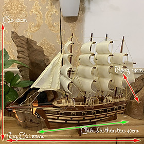 [Thuận buồm xuôi gió] Mô hình thuyền gỗ thuyền trang trí tàu chở hàng Đan Mạch - Thân tàu dài 40cm - Buồm màu Trắng Vàng - Gỗ Tràm