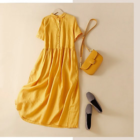 Đầm suông hè nữ  cổ trụ linen tay ngắn chất đũi mềm mát, thời trang Haint Boutique Da158