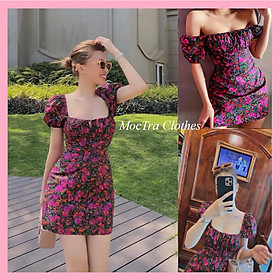 Đầm hoa nhí hồng tím cổ vuông dáng ngắn vintage tay bồng dáng xòe nhẹ siêu xinh, Váy dự tiệc trễ vai tiểu thư mặc 2 kiểu, chất thô mềm hàng đẹp giá rẻ, phù hợp đi làm đi chơi