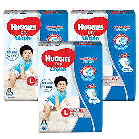 Combo 3 Gói Tã Dán Huggies Dry Gói Cực Đại L68 (68 Miếng) - Bao Bì Mới