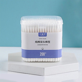 Hộp 200 Tăm Bông Ngoáy Tai Hai Đầu Vệ Sinh Tai Mũi Trang Điểm Kháng Khuẩn Mềm Mịn