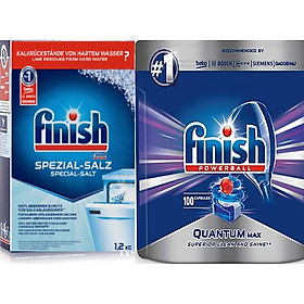 Combo Viên rửa bát Finish Quantum Max 100 viên+Muối rửa bát finish dùng cho máy rửa bát 1,2kg 