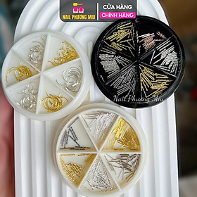 Set Charm Thẳng Cong Kim Loại Làm Nail Khay Nhựa Tròn 6 Ngăn Mix Màu Cao Cấp Trang Trí Móng Vàng, Bạc Và Đồng-nail Phương Miu Nữ Women