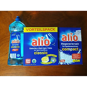 Combo Viên Rửa Bát Alio 100 Viên + Muối Alio 2kg + Nước Làm Bóng Alio 1000ml Chuyên Dùng Cho Máy Rửa Bát