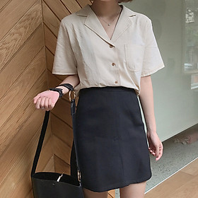 Áo sơ mi công sở thiết kế cổ vest ngắn tay, chất đũi mềm, phong cách Hàn Quốc CS21