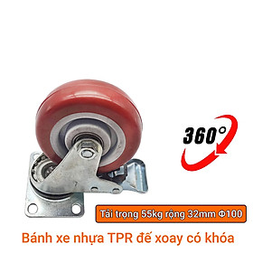 Bánh xe đẩy mặt đế xoay càng sắt mạ kền tải trọng 55kg lốp nhựa TPR đỏ mận