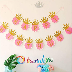 Cờ đuôi cá trang trí sinh nhật cho bé màu hồng có gắn vương miện