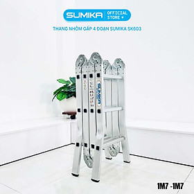 Thang nhôm gấp 4 đoạn SUMIKA SK603 (chữ A - 1.7m, chữ I - 3.4m), 14 tư thế sử dụng, tải trọng 150kg, làm từ hợp kim nhôm cao cấp, khóa chốt cao cấp và tự động, có đế cao su chống trượt