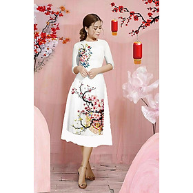 SET ÁO DÀI CÁCH TÂN IN HOA ĐÀO MÀU TRẮNG 3D MÀU TRẮNG