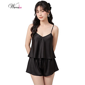 Đồ bộ mặc nhà phi lụa wannabe, bộ short bss07 phối ren hoa phía sau nữ tính, trẻ trung