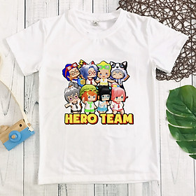 Áo thun trắng in hình Hero Team hot hit cho bé trai và bé gái