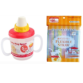 Combo 01 Cốc tập uống cho bé có núm Inomata 230ml + 01 Set ống hút đa sắc màu Seiwa Pro có thể tái sử dụng nhiều lần - Nội địa Nhật Bản