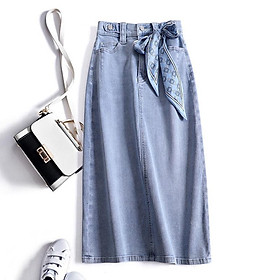 Chân Váy Denim Dài Lưng Cao Phối Ruy Băng Xinh Xắn Thời Trang