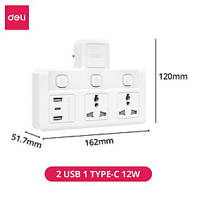 Ổ Cắm Chia Điện Deli, Ổ Cắm Điện Chữ T Công Suất 2500W Tích Hợp Cổng USB &TypeC Sạc Nhanh 20W - 2 ổ 2USB 1C 12W