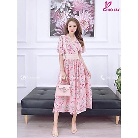 Đầm maxi cao cấp họa tiết phối ren tay cánh tiên sang chảnh