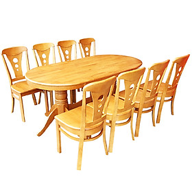 Bộ Bàn Ăn Gia Đình Gỗ Tự Nhiên Thiết Kế Oval 180 x 90 x 75cm + 8 Ghế Lưng Tựa 3 Lỗ Đẹp