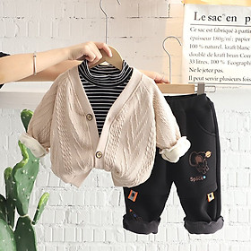 SET CADIGAN Gấu - 3 Món , Áo Len lót Bông - Bé Trai