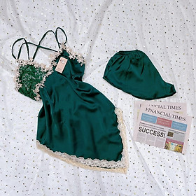 Váy Ngủ Sexy Nữ Phối Ren Hoa Vạt Xéo Cực Kì Xinh Chất Satin Mềm Mịn Freesize