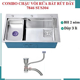 Combo chậu rửa chén 1 hố 7846 sus304 Valenza vòi rửa bát nóng lạnh dây rút 02 bộ xả khay inox bình rửa bát- Dày 3li