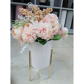 Mua Chậu cây hoa giả hình trụ phong cách Bắc Âu kèm giá đỡ hoa cẩm tú cầu hoa hồng 20x25cm