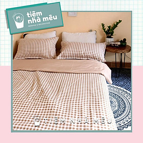 Bộ Chăn Ga Gối Cotton 3Dm6/m8/2m-Tiệm Nhà MêuSet 4 Món 2 Vỏ gối ,drap , vỏ chăn Caro Nâu Be Nhập Khẩu