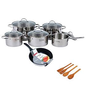 Bộ nồi chảo chống dính cao cấp Fivestar 6 món 3 đáy từ nắp kính ( tặng bộ sạn dừa 4 món )