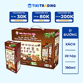 Sữa hạt cao cấp Óc chó-Macca-Đậu đen-Hạnh nhân-Đậu nành & Yến mạch ít đường 190ml (20 hộp/xách)
