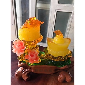 Tượng 2 Con Cóc Vàng Phong Thủy để bàn ngồi trên Thỏi Vàng To Đầy Hoa Đẹp Size Cao 20cm Ngang 20cm Sâu 11cm Hợp Anh Chị Mệnh Kim Thổ Thủy ạ