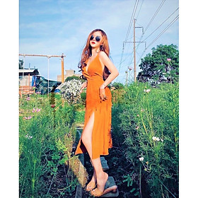 Váy đầm nữ maxi dáng xòe hai dây xẻ tà cột nơ lưng chất đũi cao cấp có kèm mút ngực thích hợp mặc đi biển